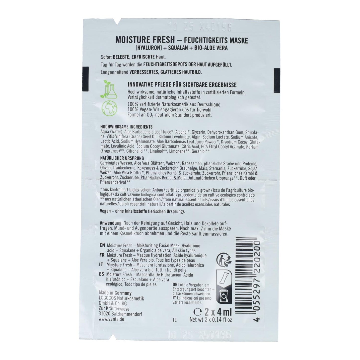 Feuchtigkeitsspendende Maske mit Hyaluronsäure & Aloe, Sante 2 x 4 ml