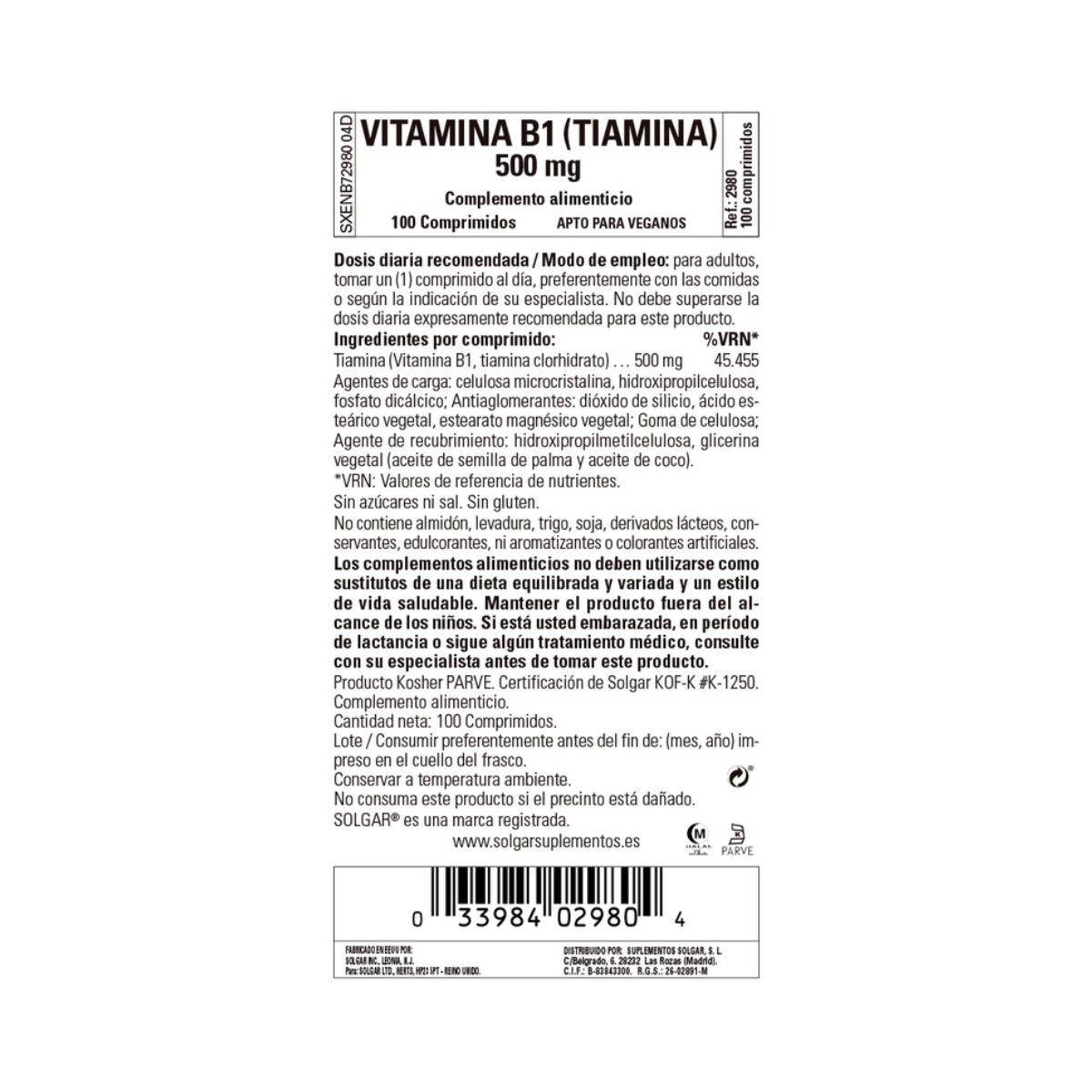 Vitamina B1, 100 comprimidos de 500mg