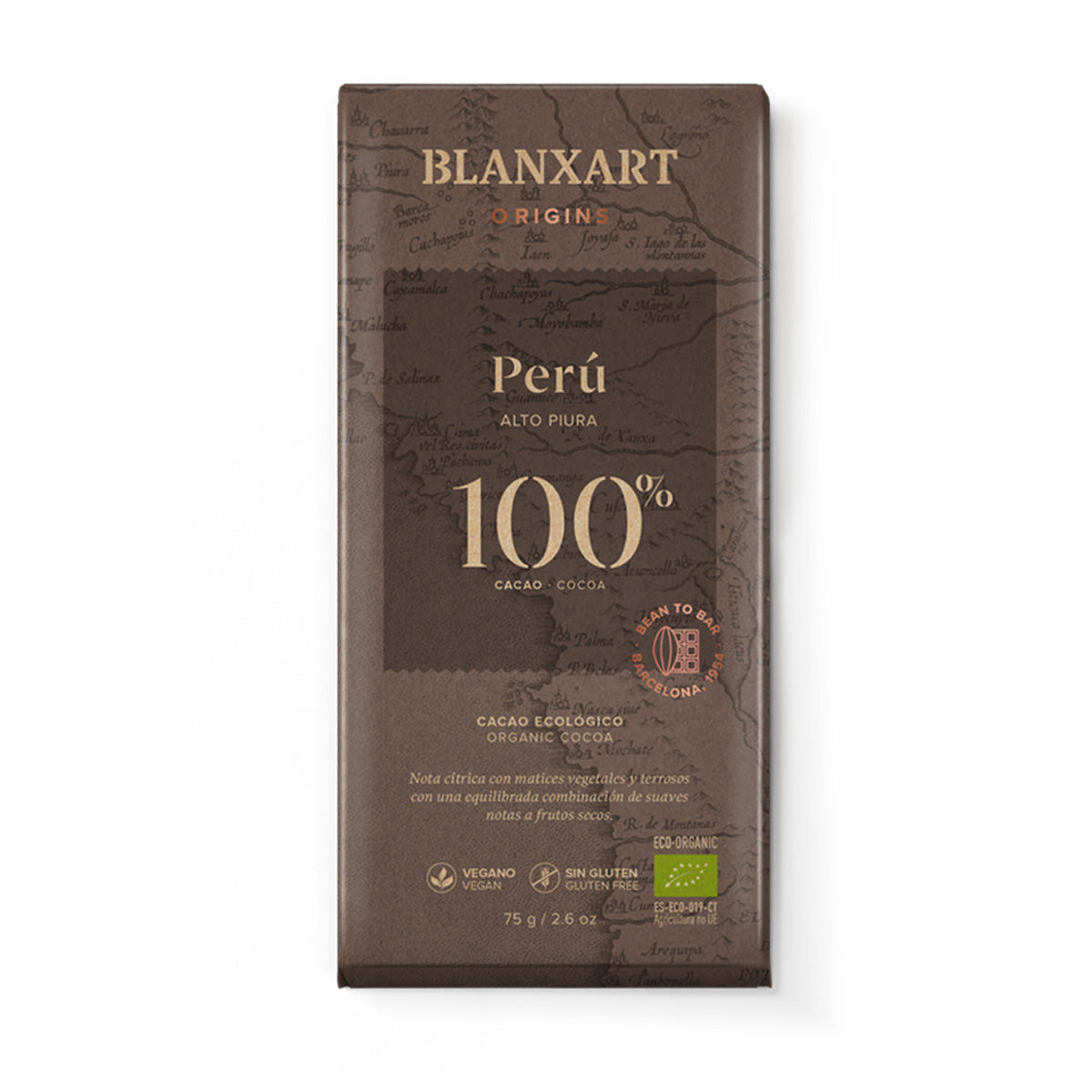 Chocolate Negro 100% Perú Eco Vegano Sin gluten Blanxart 75g