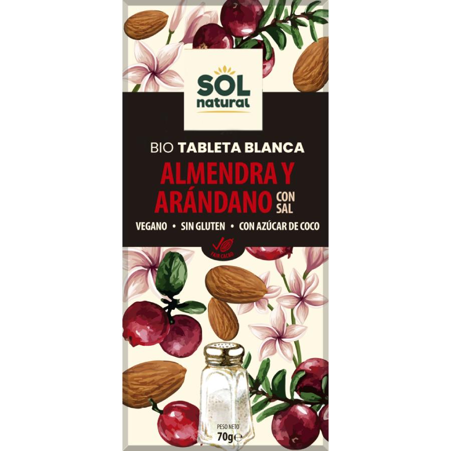 Tavoletta di cioccolato bianco vegano con mandorle e mirtilli bio Sol Natural 70 g