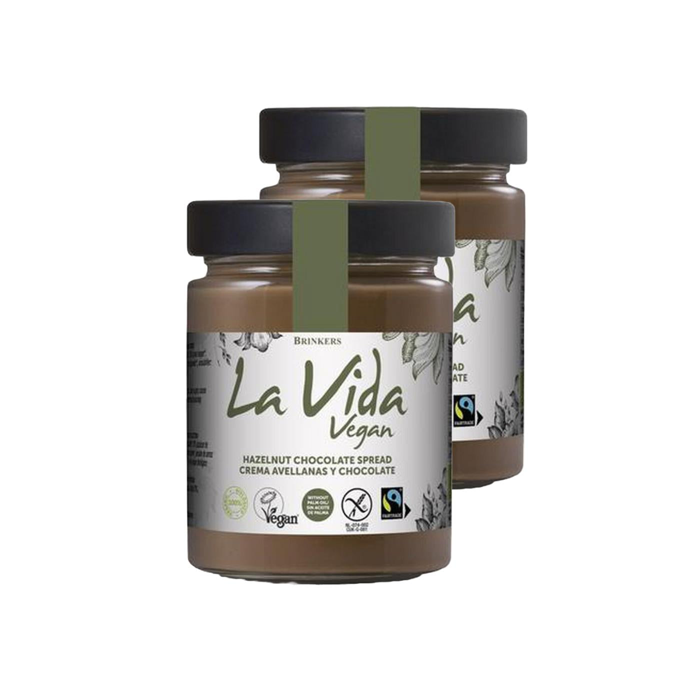 Packung mit 2 Portionen veganer, glutenfreier Schokoladen-Haselnuss-Creme von La Vida Vegan (600 g)