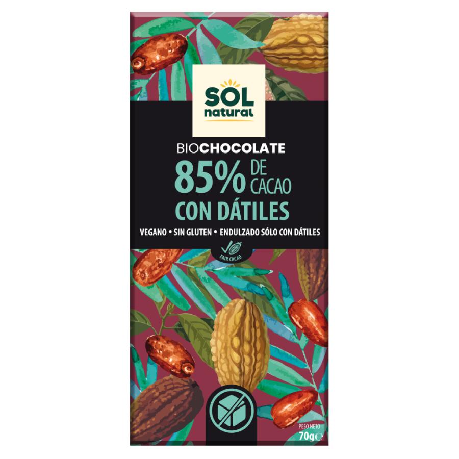 Tablette de chocolat végétalien 85 % cacao et dattes Bio Sol Natural 70 g