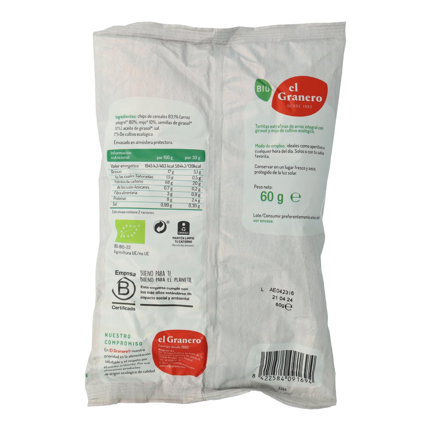 Extra dünne braune Reis-Sonnenblumenkern-Kuchen, Bio, glutenfrei, El Granero, 60 g