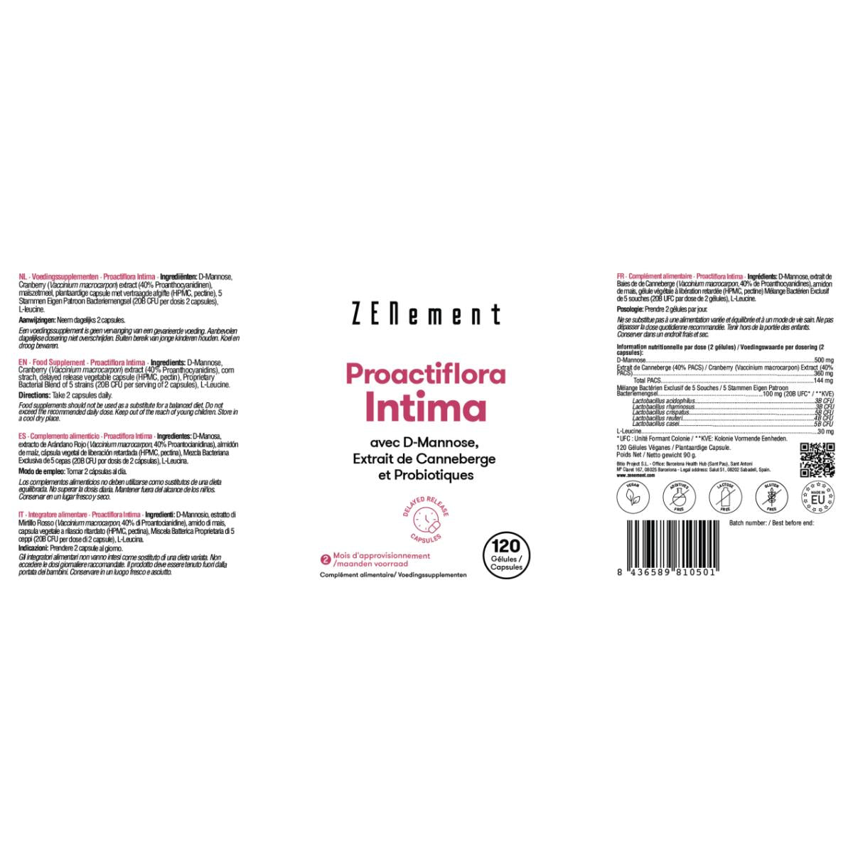 Proactiflora Intima with D-Mannose, cranberry extract and Zenement probiotics, 120 tablets