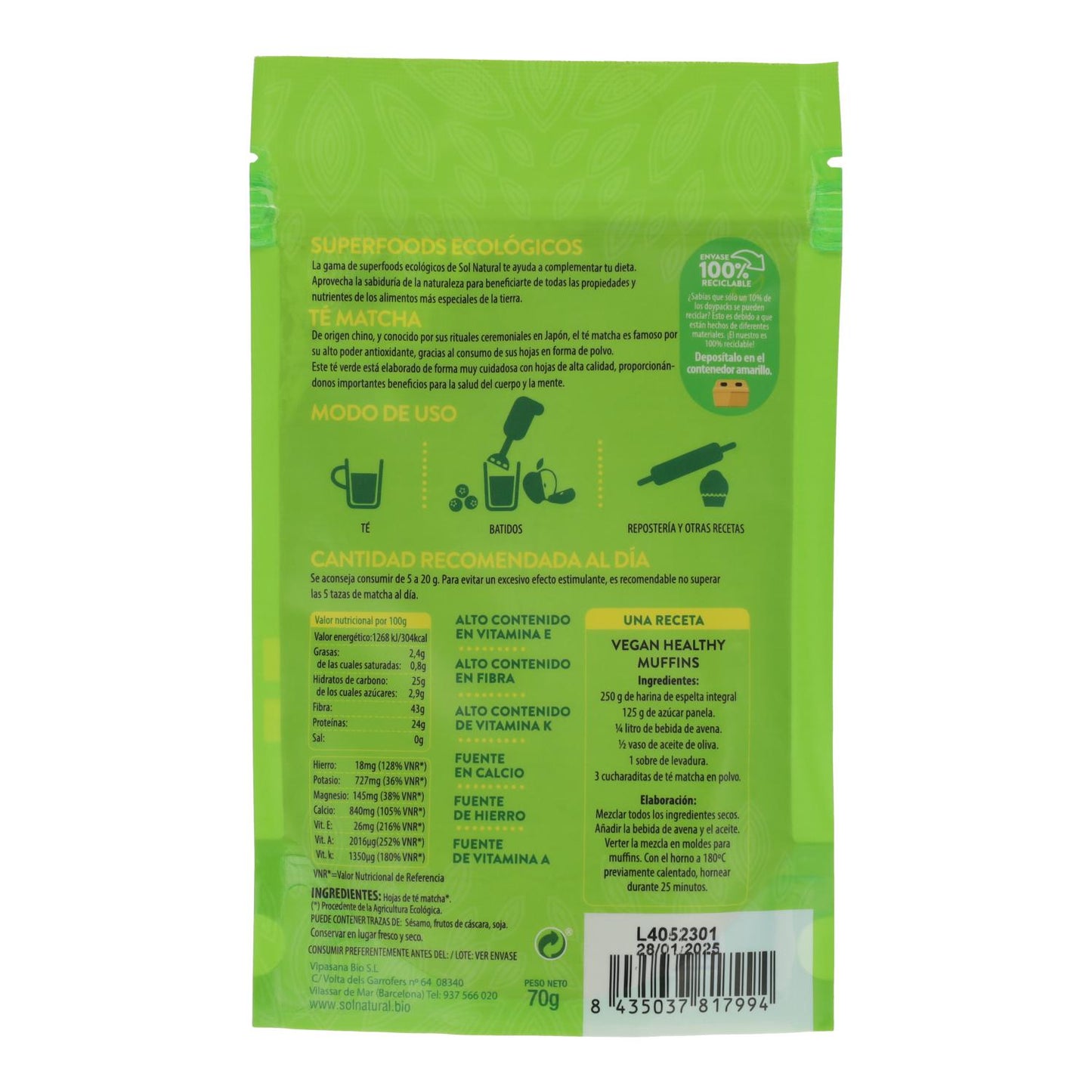 Thé Matcha en poudre Sol Natural 70 g