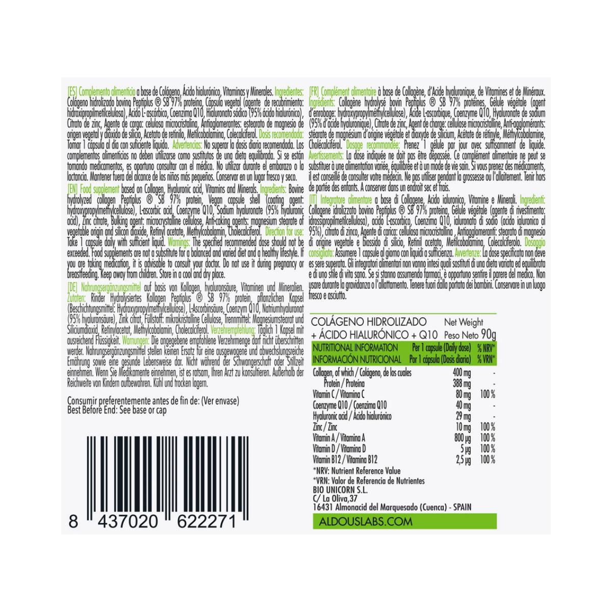 Colágeno Hidrolizado + Ácido Hialuronico + Coencima Q10 + Vitaminas + Zinc, 120 cap. Aldous Labs