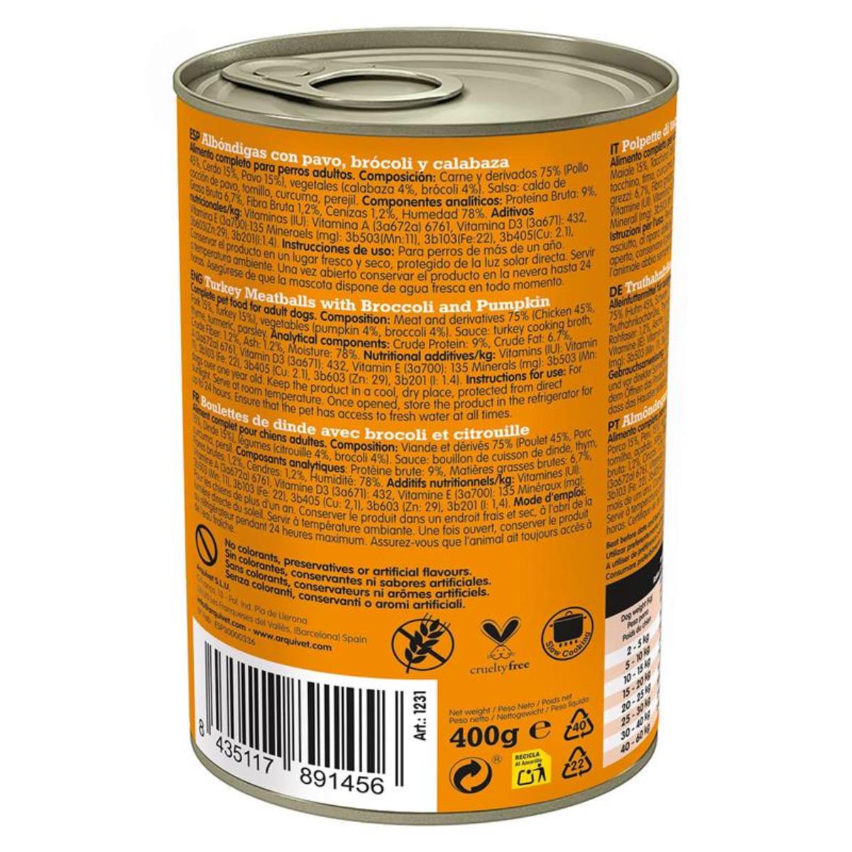 Świeże klopsiki z indyka Arquivet 400 g Mokra karma dla psów z indykiem, brokułami i dynią