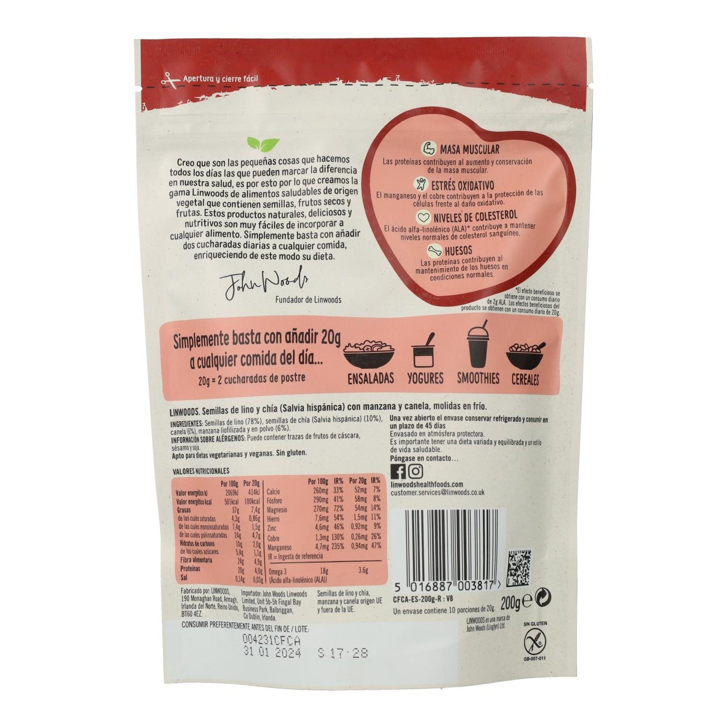 Linwoods Kaltgemahlene Leinsamen und Chiasamen mit Apfel und Zimt 200 g