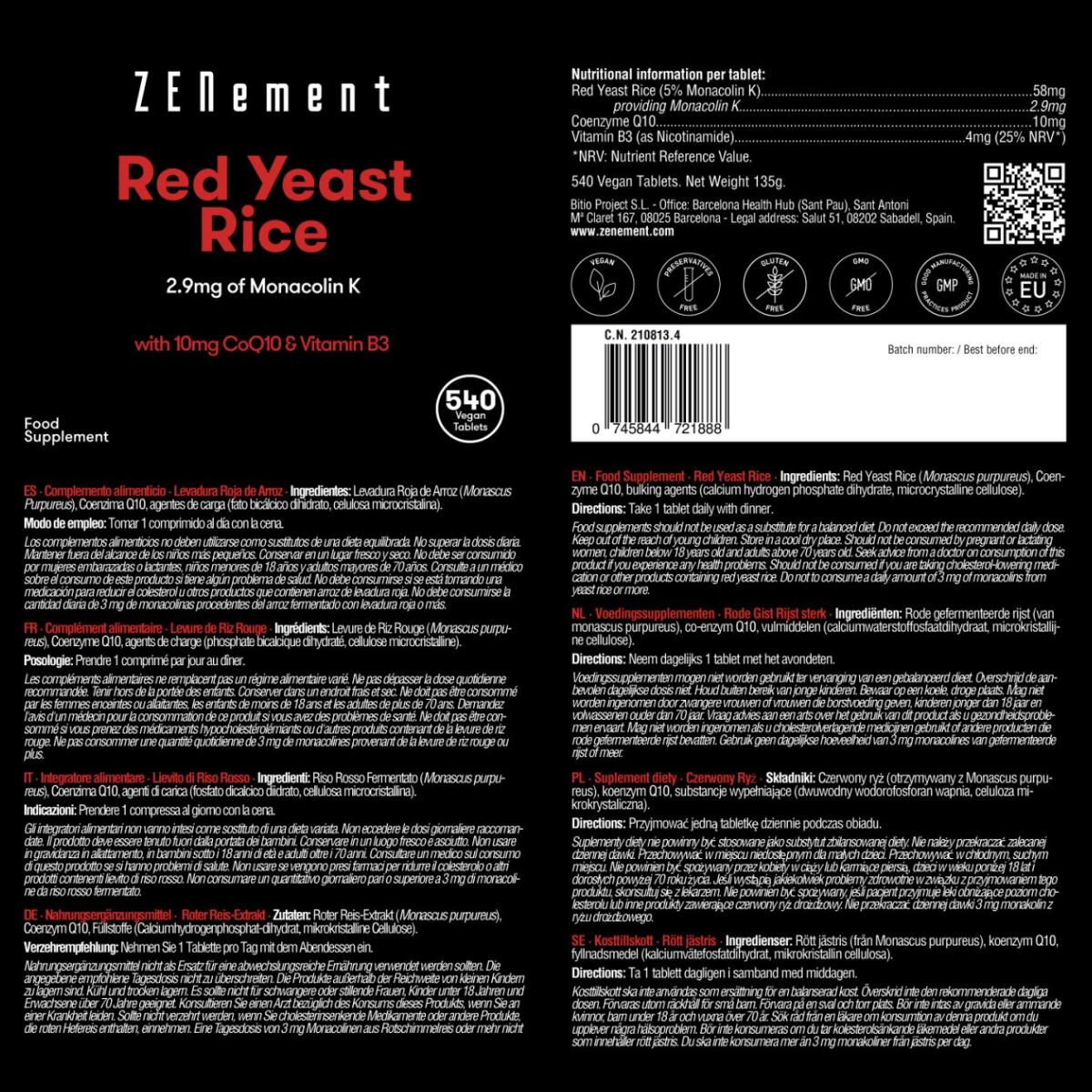Rode rijstgist, met 2,9 mg monacoline K + 10 mg CoQ10 + 4 mg vitamine B3 Zenement, 540 tabletten