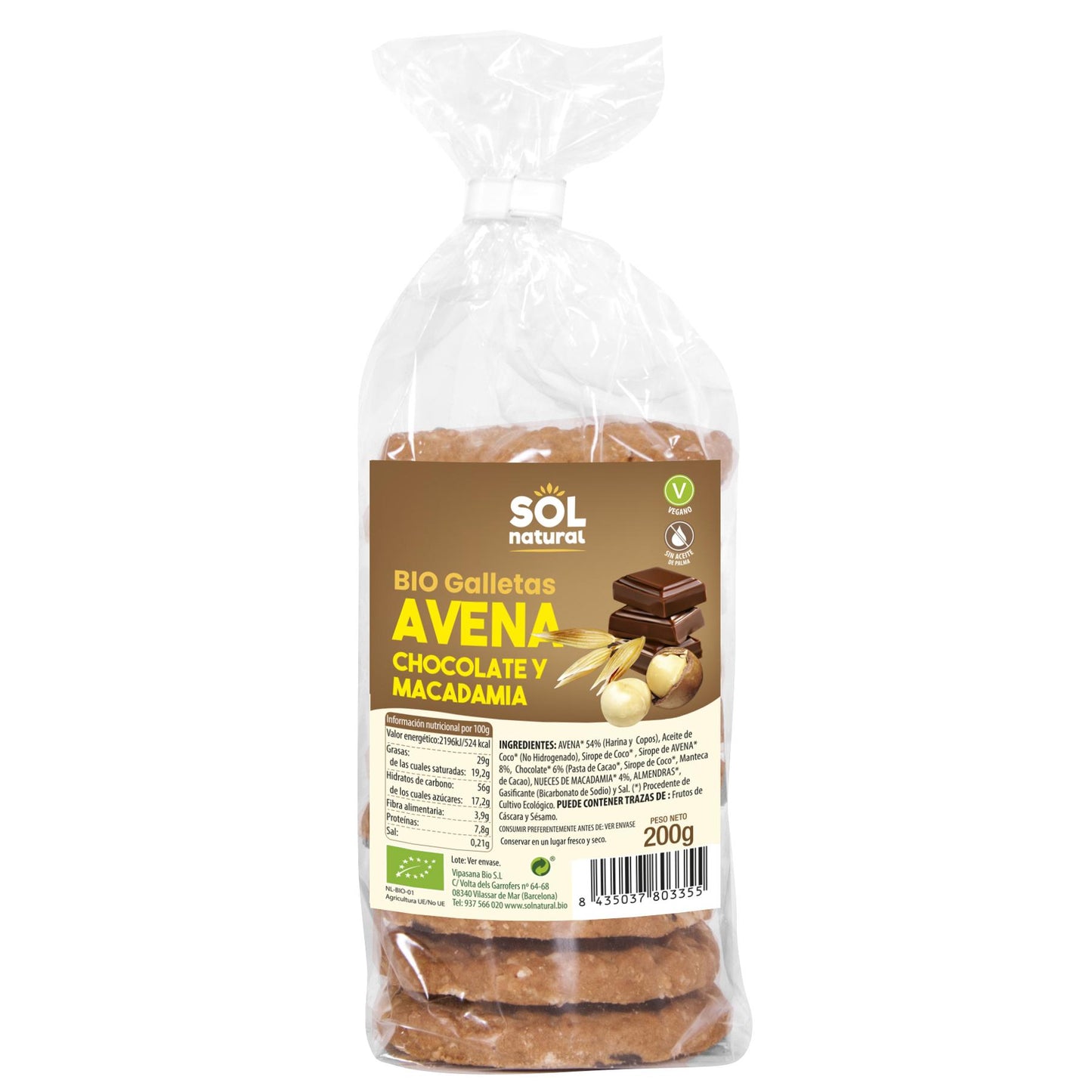 Haferkekse mit Schokolade und Bio-Macadamia Sol Natural 200 g