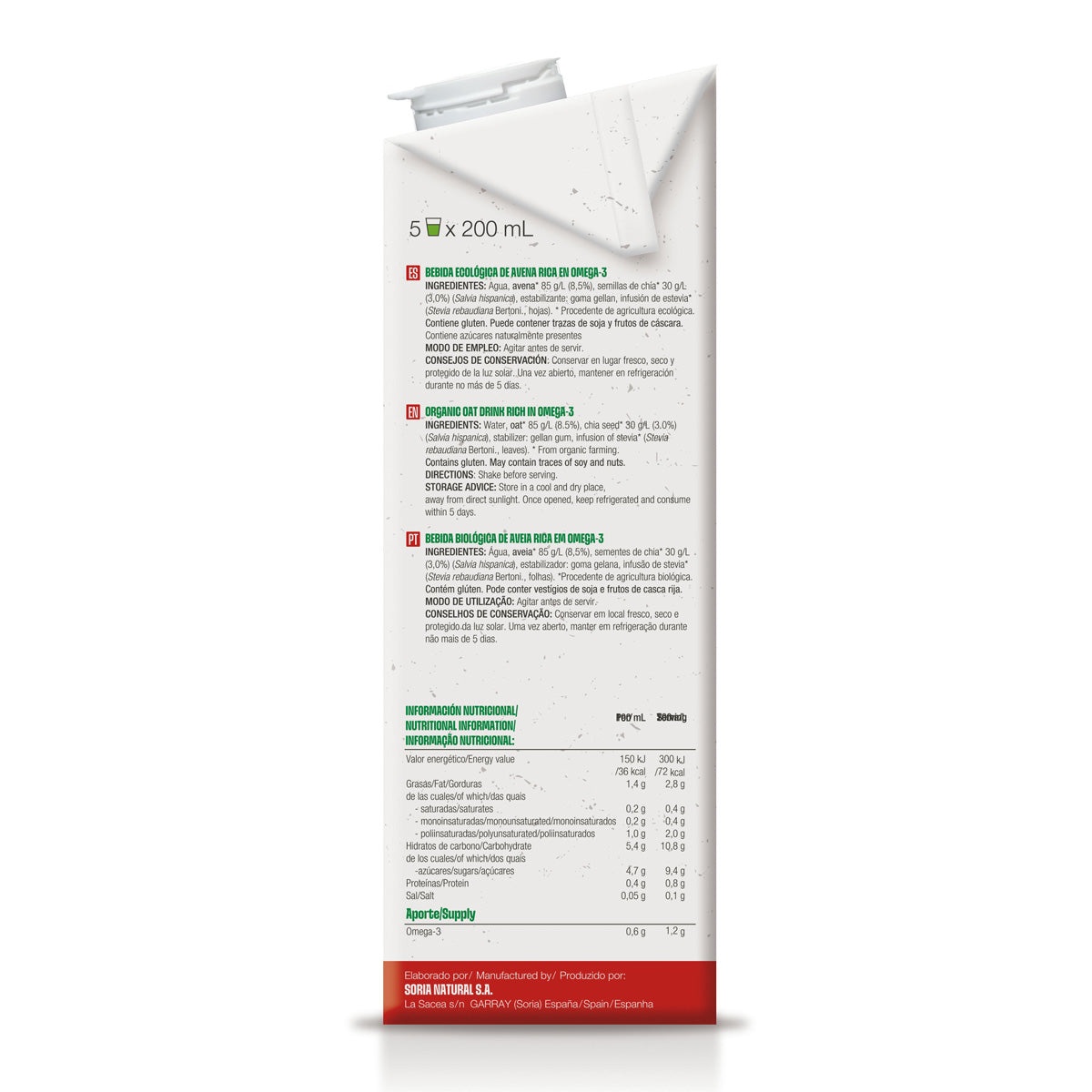 Ökologisches Hafergetränk reich an Omega 3, Soria Natural, 1 l