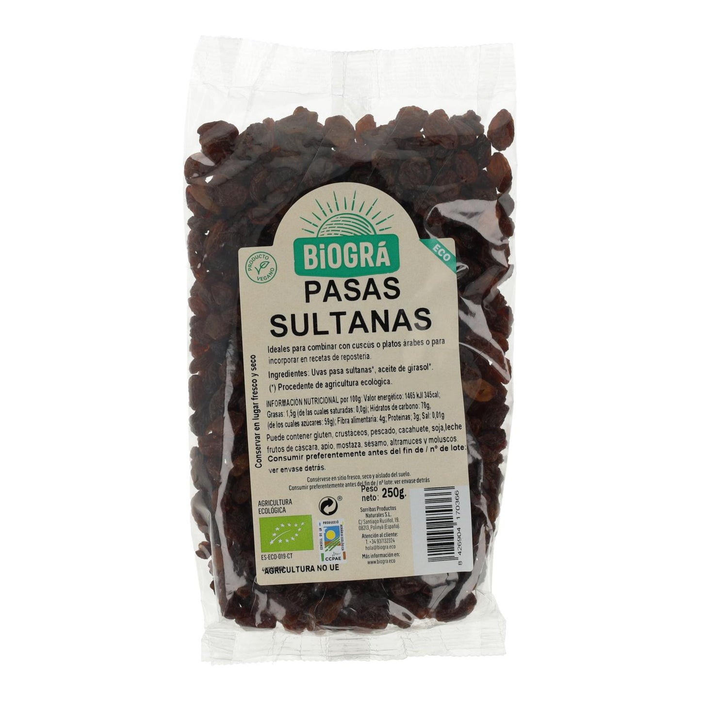 Organic Seedless Sultanas Biogra 250 g
