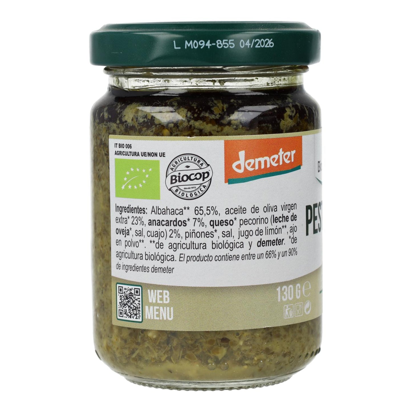 Grünes Basilikumpesto mit Pecorino und Cashewnüssen, Bio-Qualität von Demeter Organic, Italien, 130 g