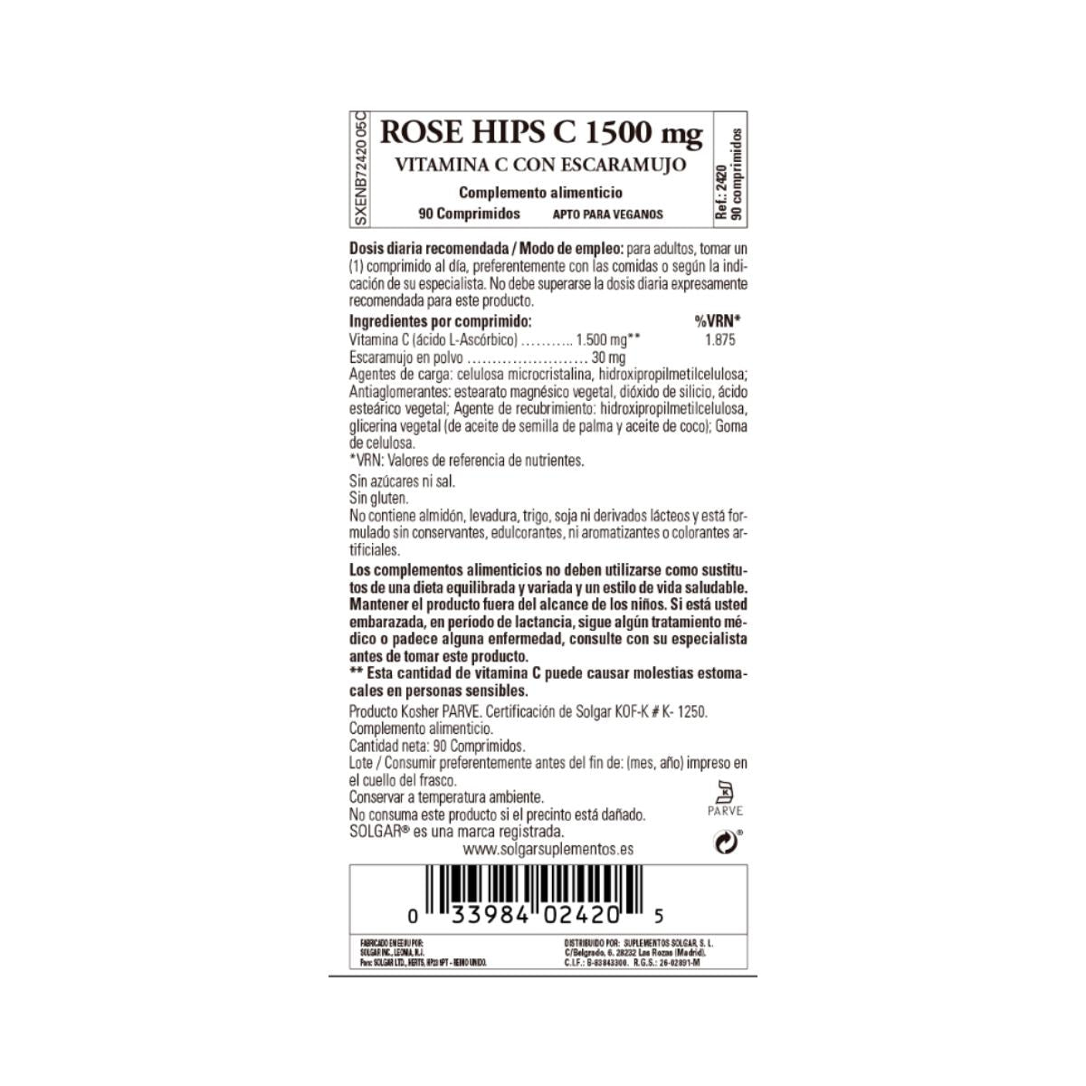 Rozenbottels Vitamine C met rozenbottels 1500 mg, 90 tabletten