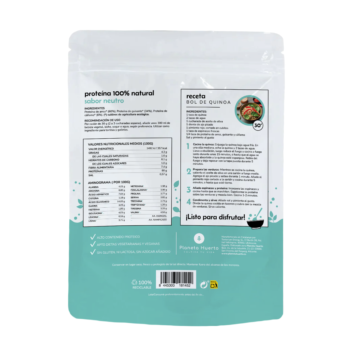 Proteine vegetali neutre ECO 80% Planeta Huerto 500 g