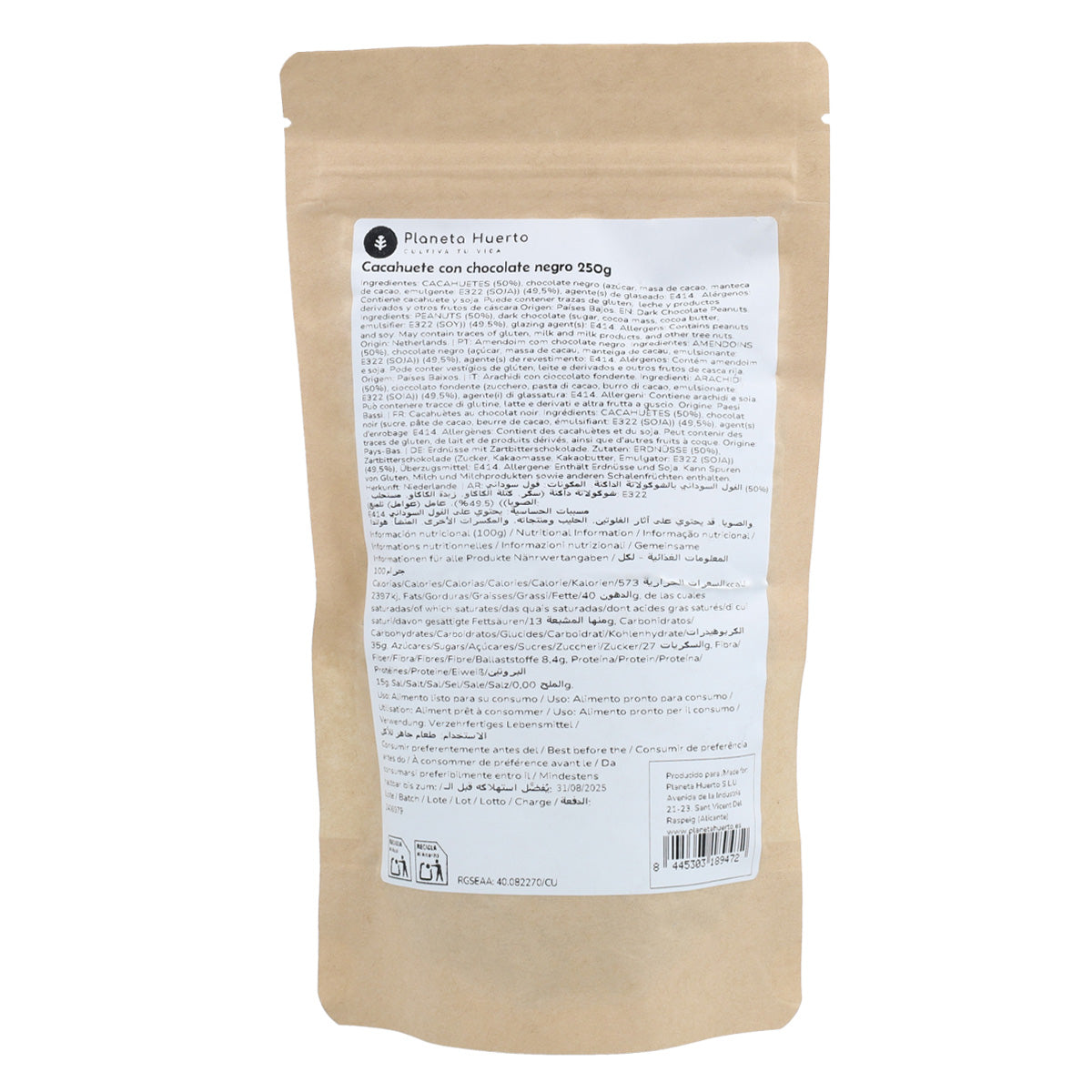 Pinda met pure chocolade Planeta Huerto 250gr