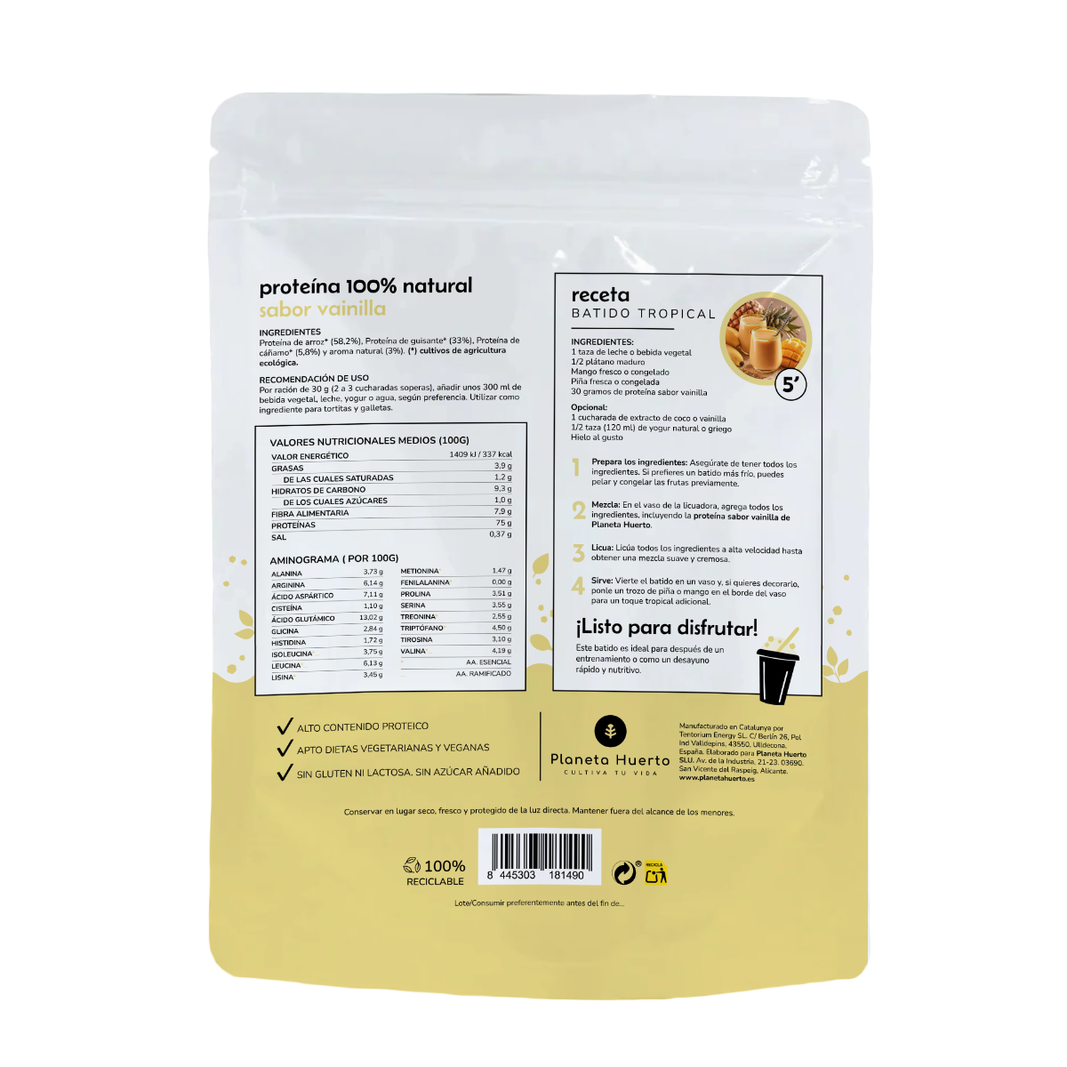 Pflanzliches Eiweiß Eco 75% Vanille Planeta Huerto 500 g