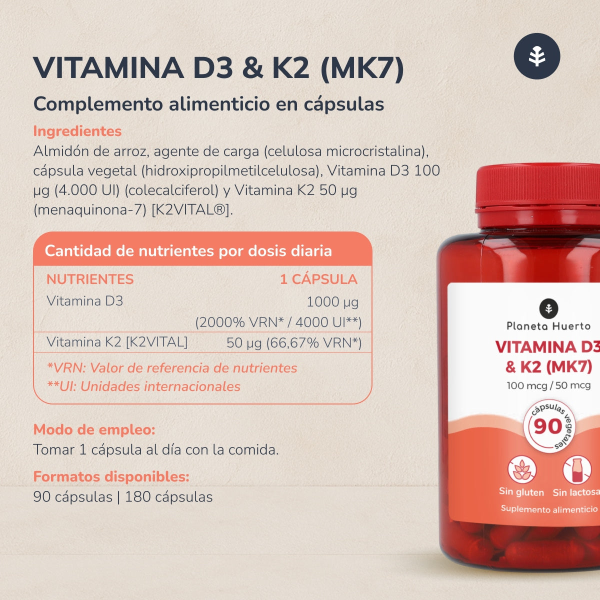 Vitamine D3 & K2 Mk7 Planeta Huerto 180 Capsules
