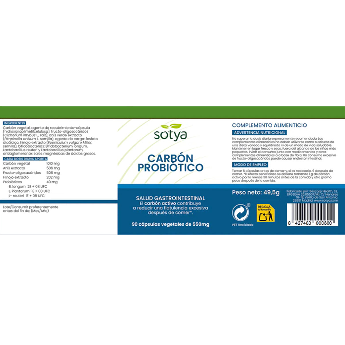 Charbon probiotique Sotya 90 gélules végétales de 550 mg