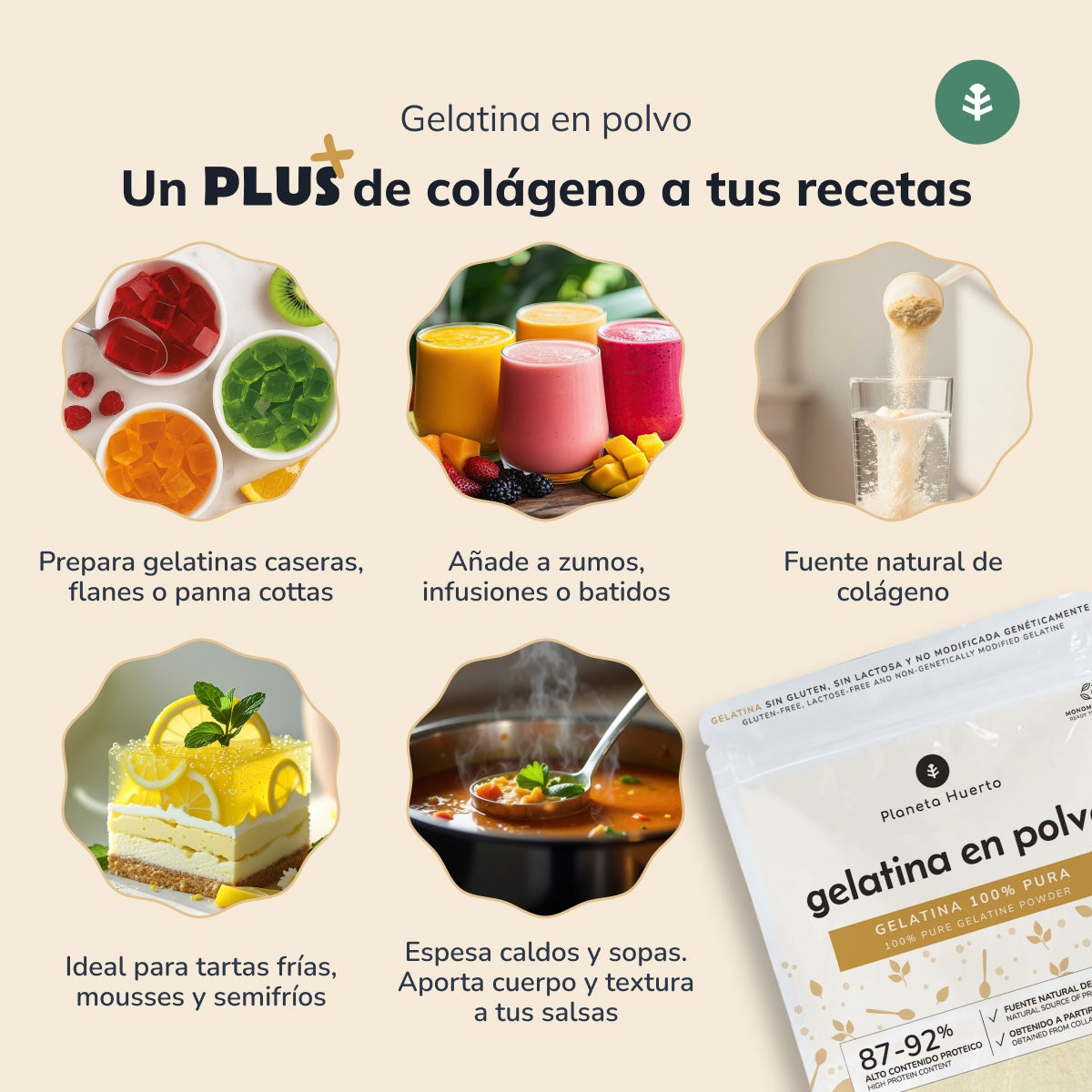 Pack 3x Gelatina neutra en polvo fuente de colágeno Planeta Huerto 1 Kg