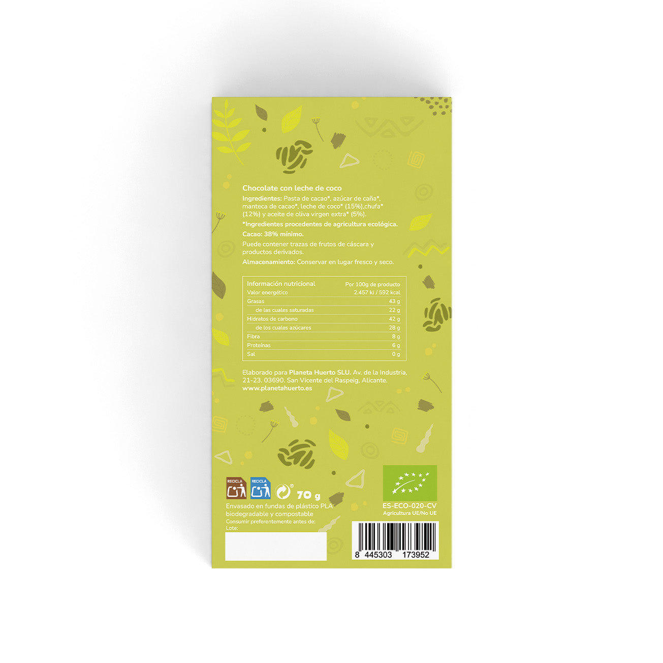 Vegan coconut milk chocolate bar 38% ECO Planeta Huerto 70 g
