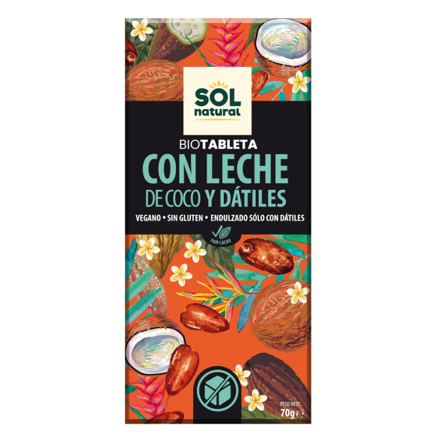 Tablette de chocolat végétalienne naturelle Organic Sol au lait de coco et aux dattes 70 g