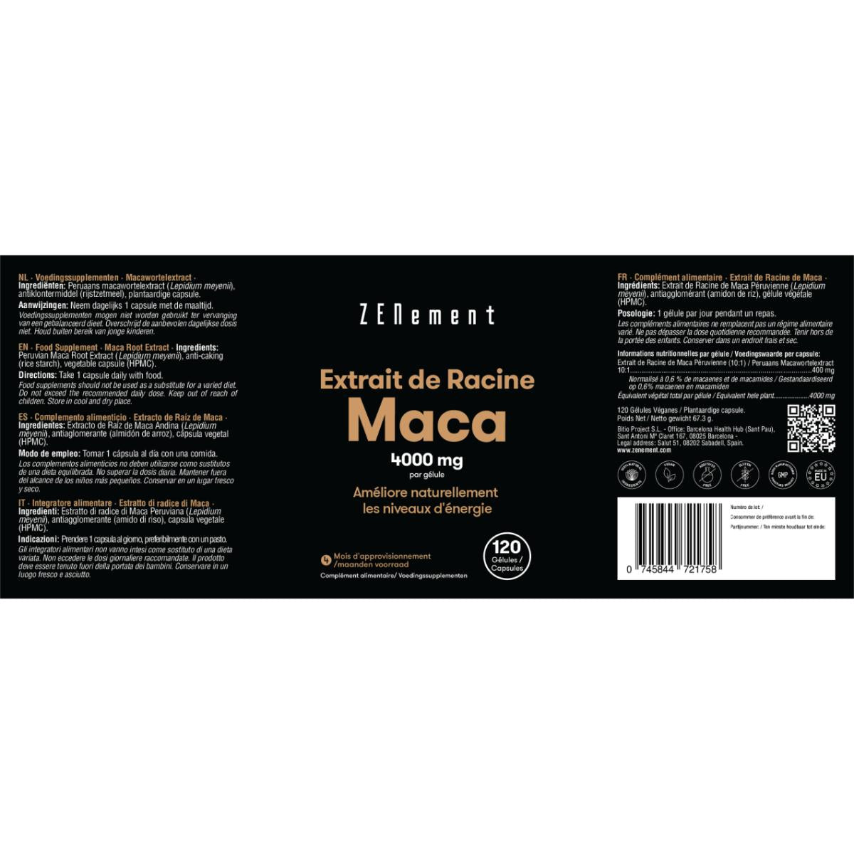 Extrait de racine de maca 4000 mg, hautement concentré 10:1 Zenement, 120 comprimés