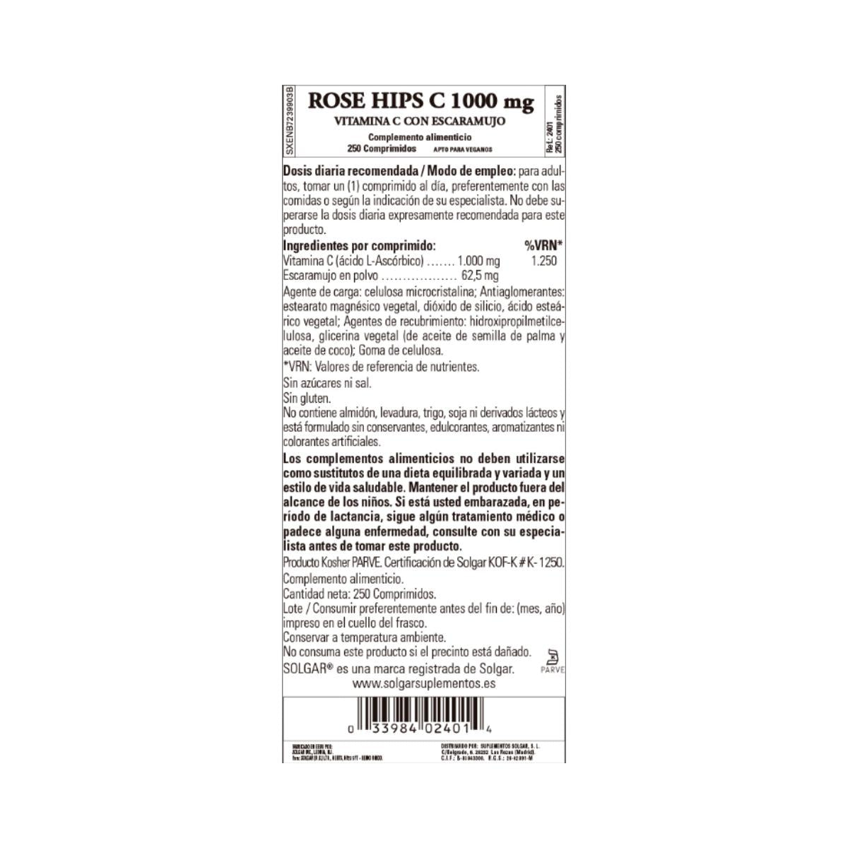 Rose Hips Vitamine C, 250 comprimés de 1000 mg