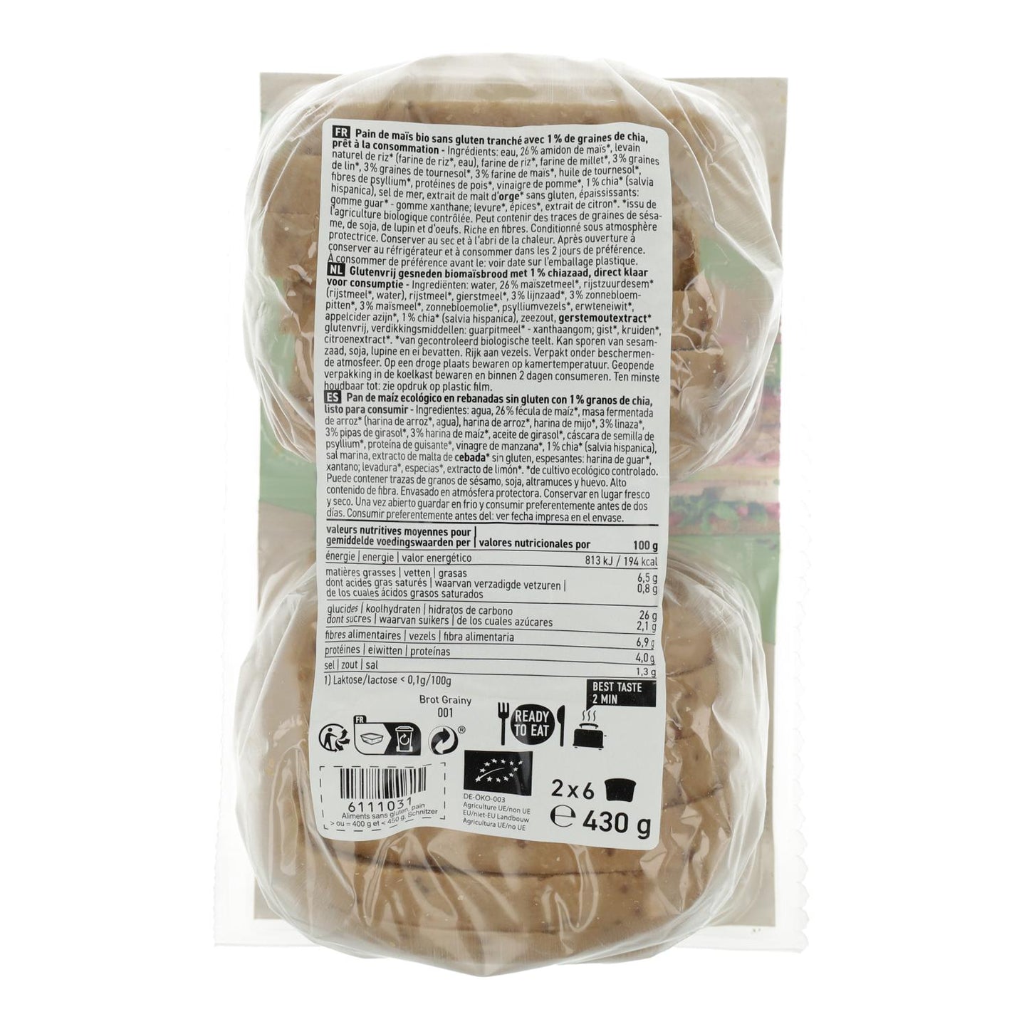 Geschnittenes Maisbrot mit Körnern, glutenfrei, Bio Schnitzer, 430 g