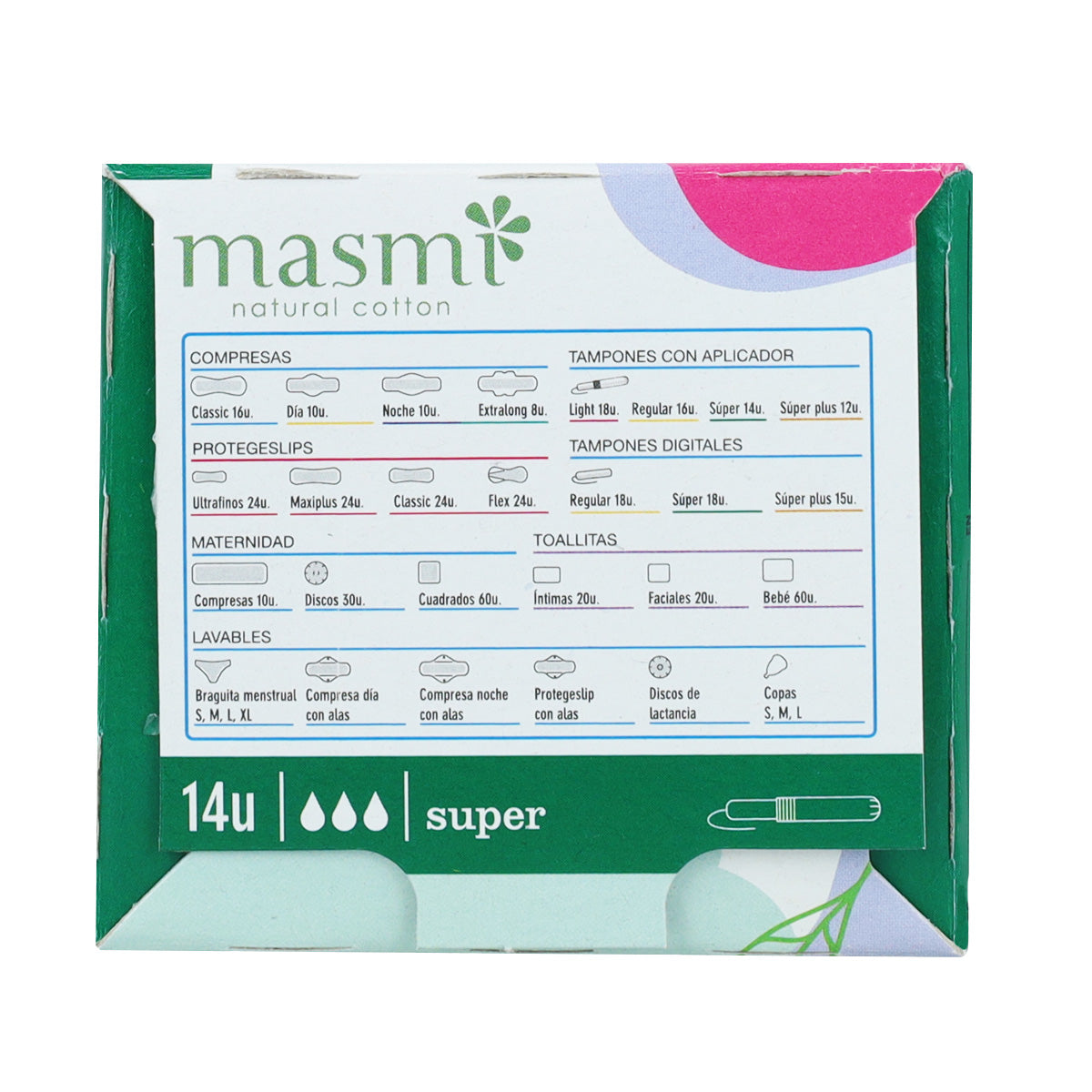 Super-Tampon mit Applikator aus Baumwolle ECO Masmi, 14 Stück