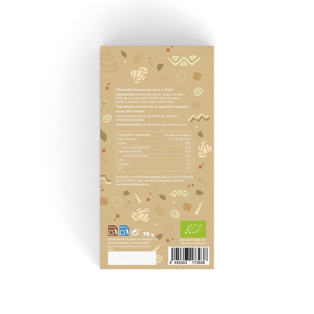 Vegan white chocolate bar 35% ECO Planeta Huerto 70 g