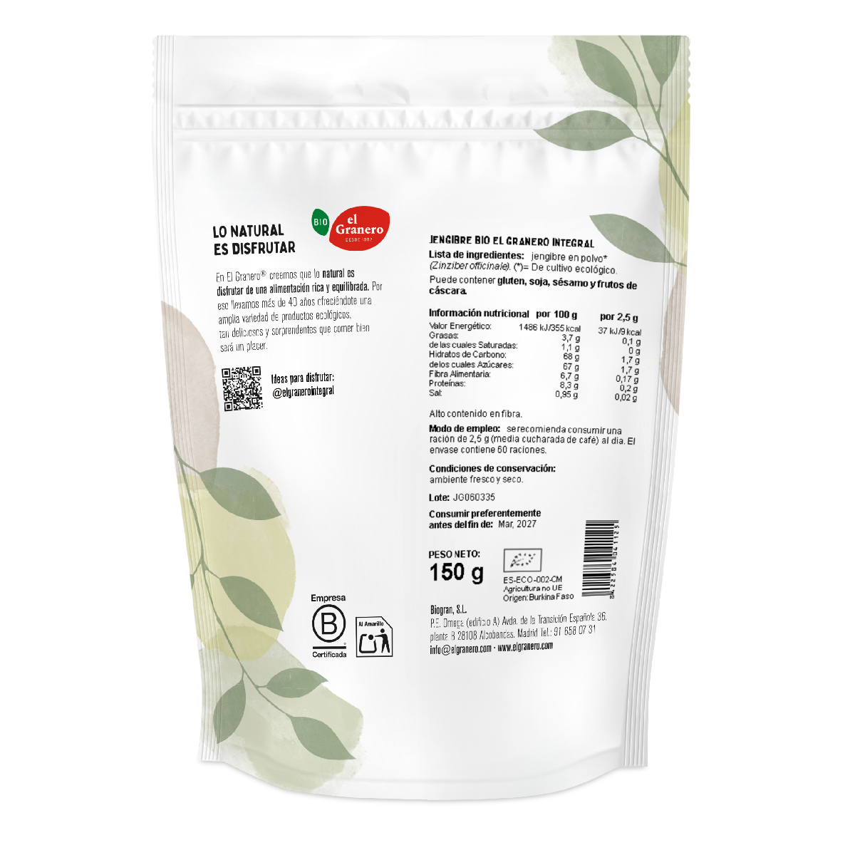 Zenzero biologico El Granero, 150 g