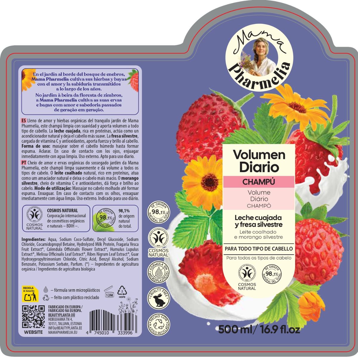 Champú con Leche Cuajada y Fresa Silvestre, Mama Pharmelia, 500ml