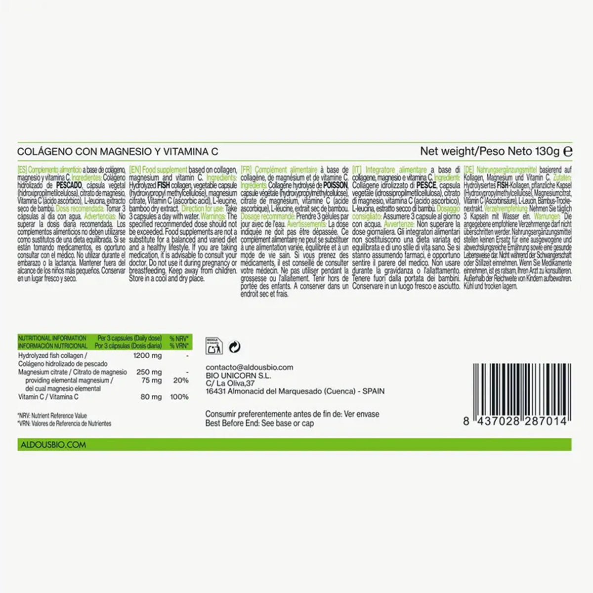 Aldous Pure Hydrolysed Collagen with Magnesium and Vitamin C 200 Capsules