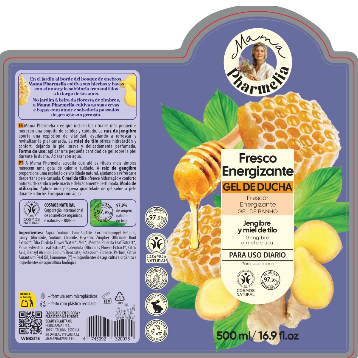 Energiek douchegel met gember en lindehoning, Mama Pharmelia, 500 ml