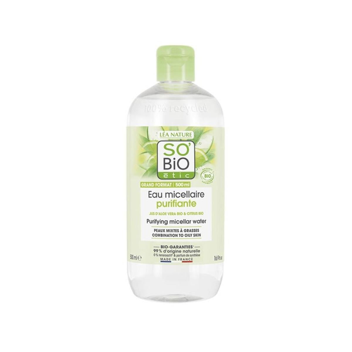 Reinigendes Mizellenwasser mit Zink, Aloe Vera und Bio-Limette So'Bio étic 500 ml