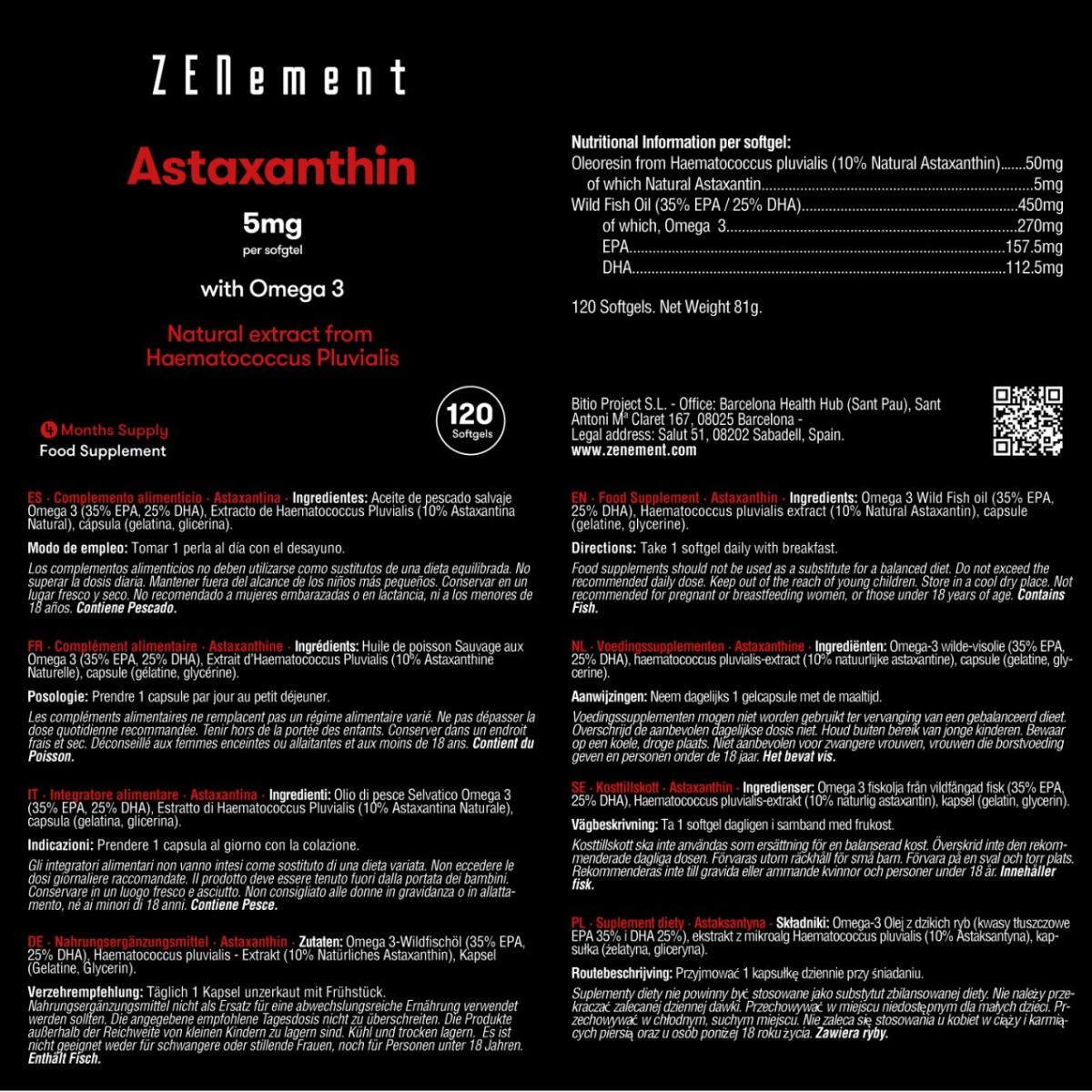 Astaxanthin, 5 mg mit Omega 3 Zenement, 120 Tabletten Astaxanthin 5 mg mit Omega 3