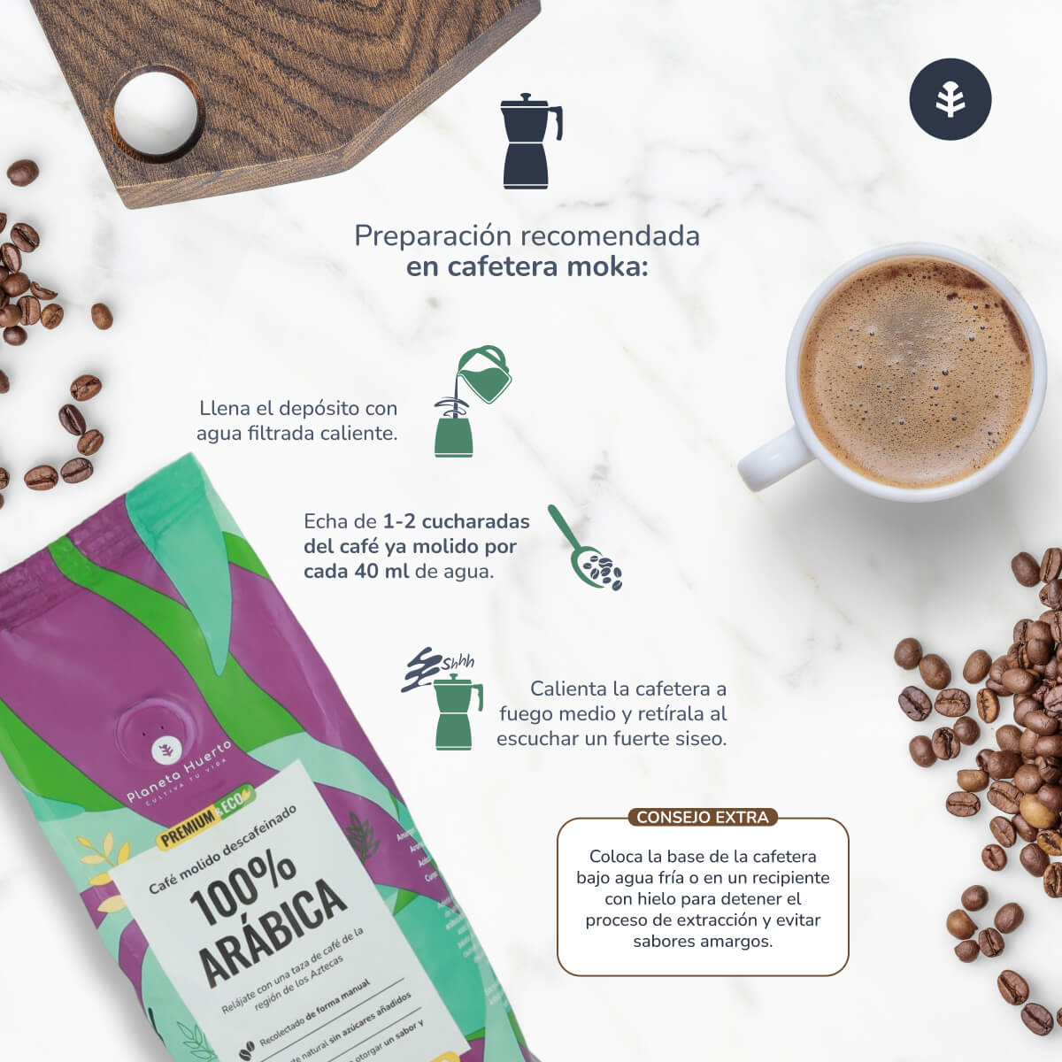 Entkoffeinierter gemahlener entkoffeinierter Kaffee Eco 100% Arabica Planeta Huerto 250 g