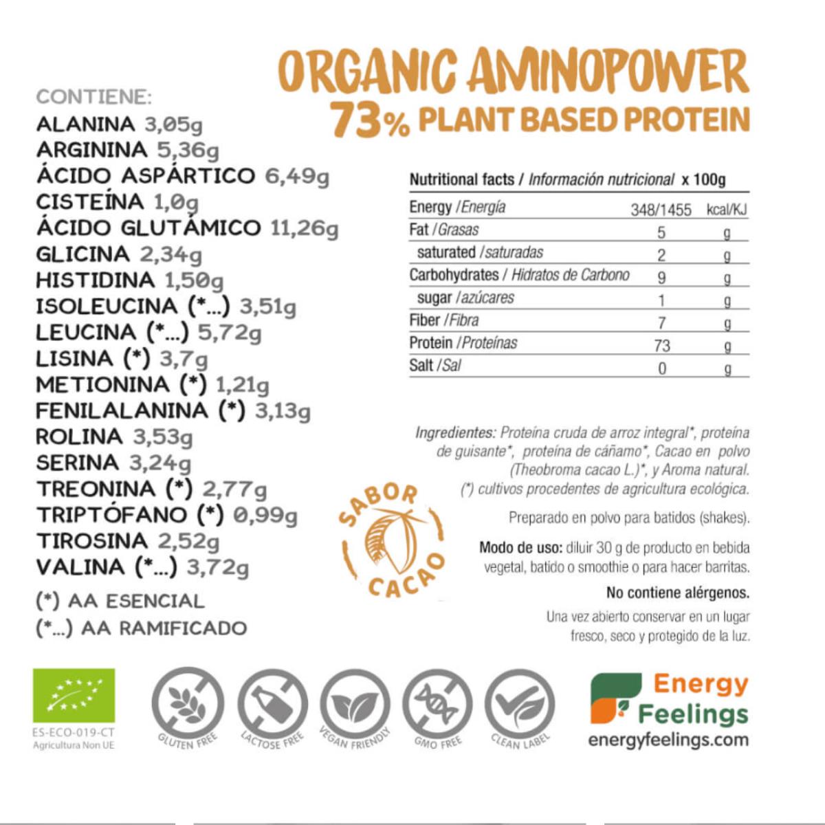 Organic Aminopower veganistisch eiwit 73% cacao Energy Feelings 500 g