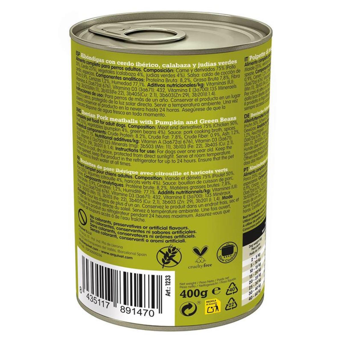 Polpette di maiale fresco Arquivet 400 g Cibo umido per cani con maiale iberico, zucca e fagiolini