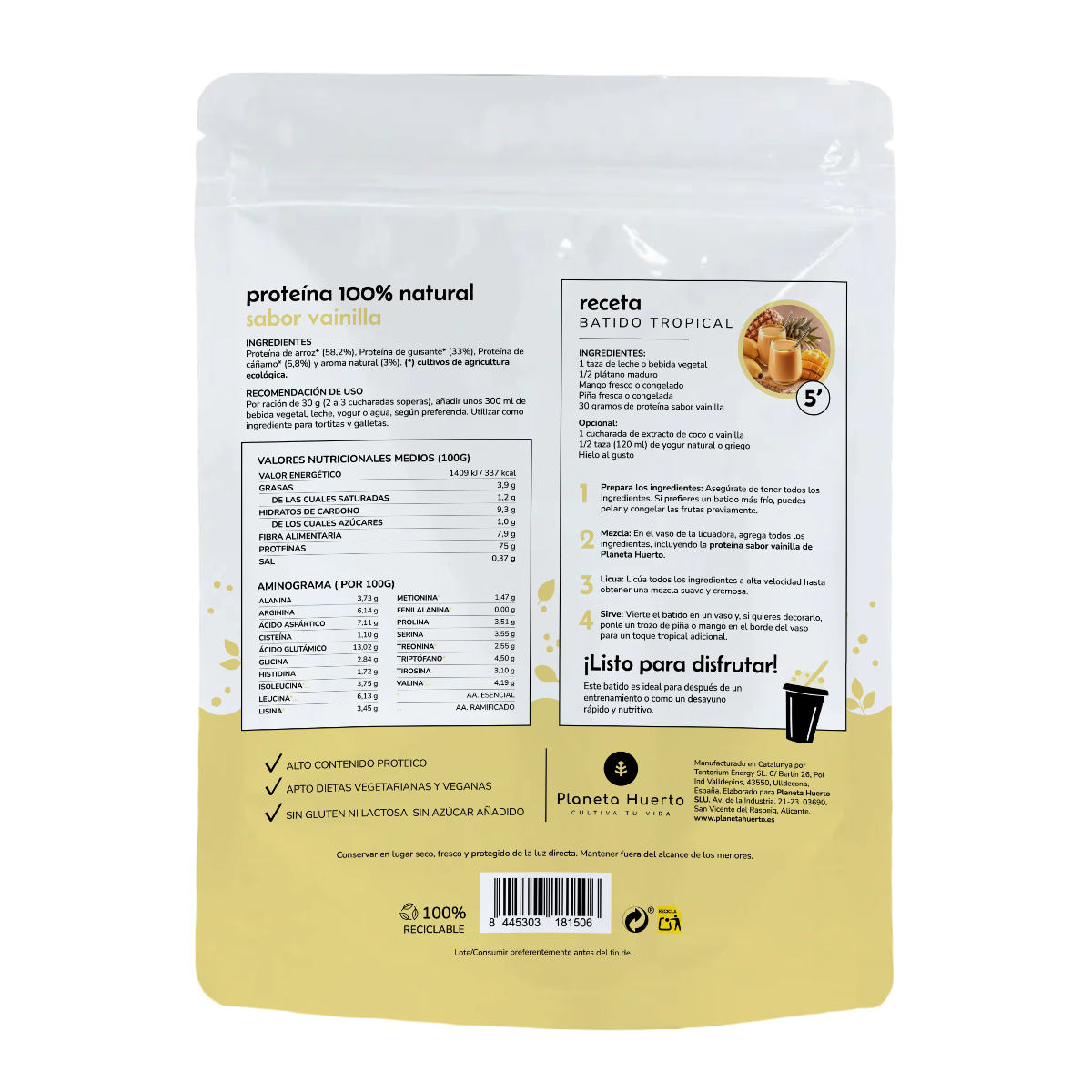 Pflanzliches Eiweiß Eco 75% Vanille Planeta Huerto 1Kg