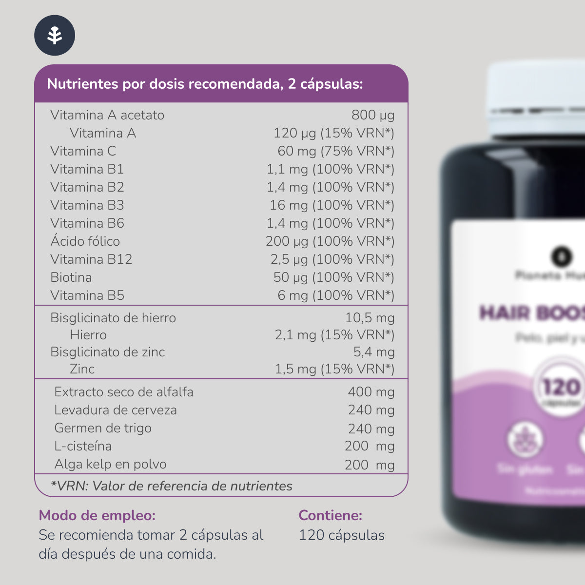Förpackning 2xHair Booster hår, hud och naglar Planeta Huerto 120 kapslar