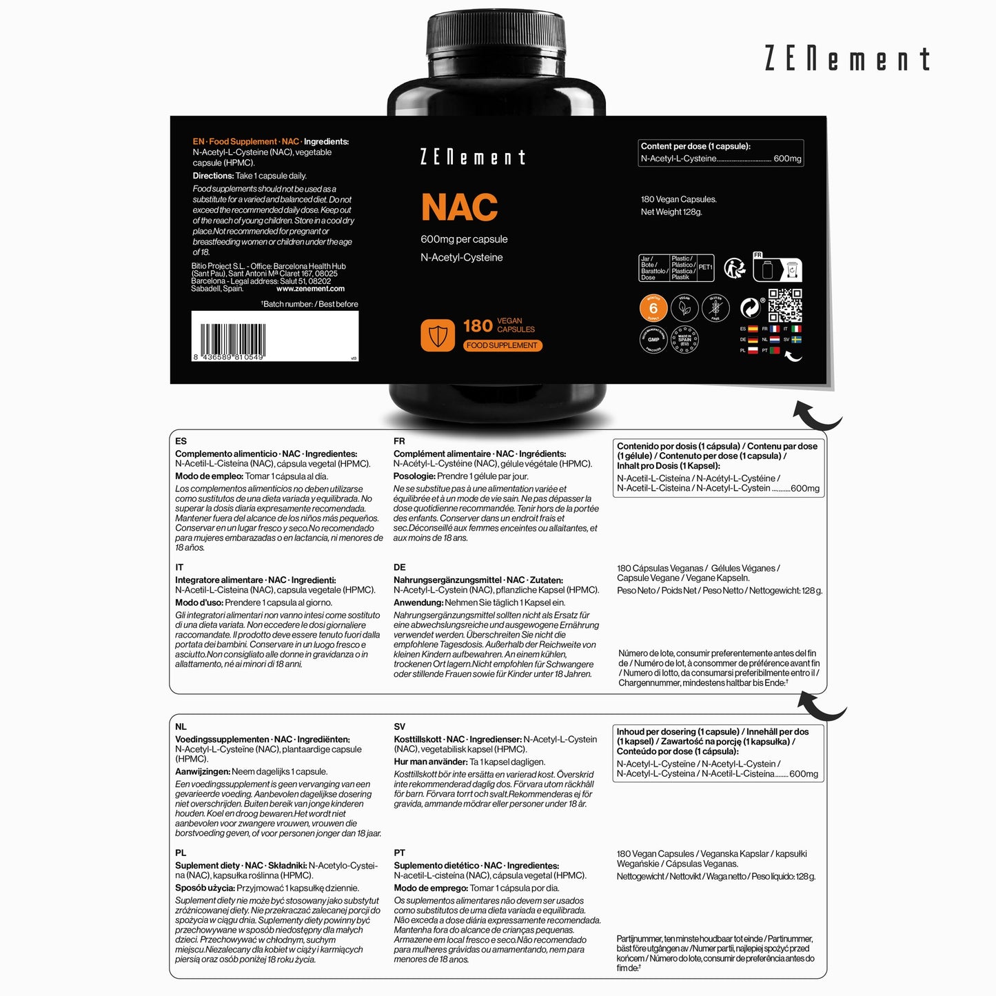 NAC N-Acetylcystein, 600 mg Zenement, 180 vegane Tabletten NAC 600 mg