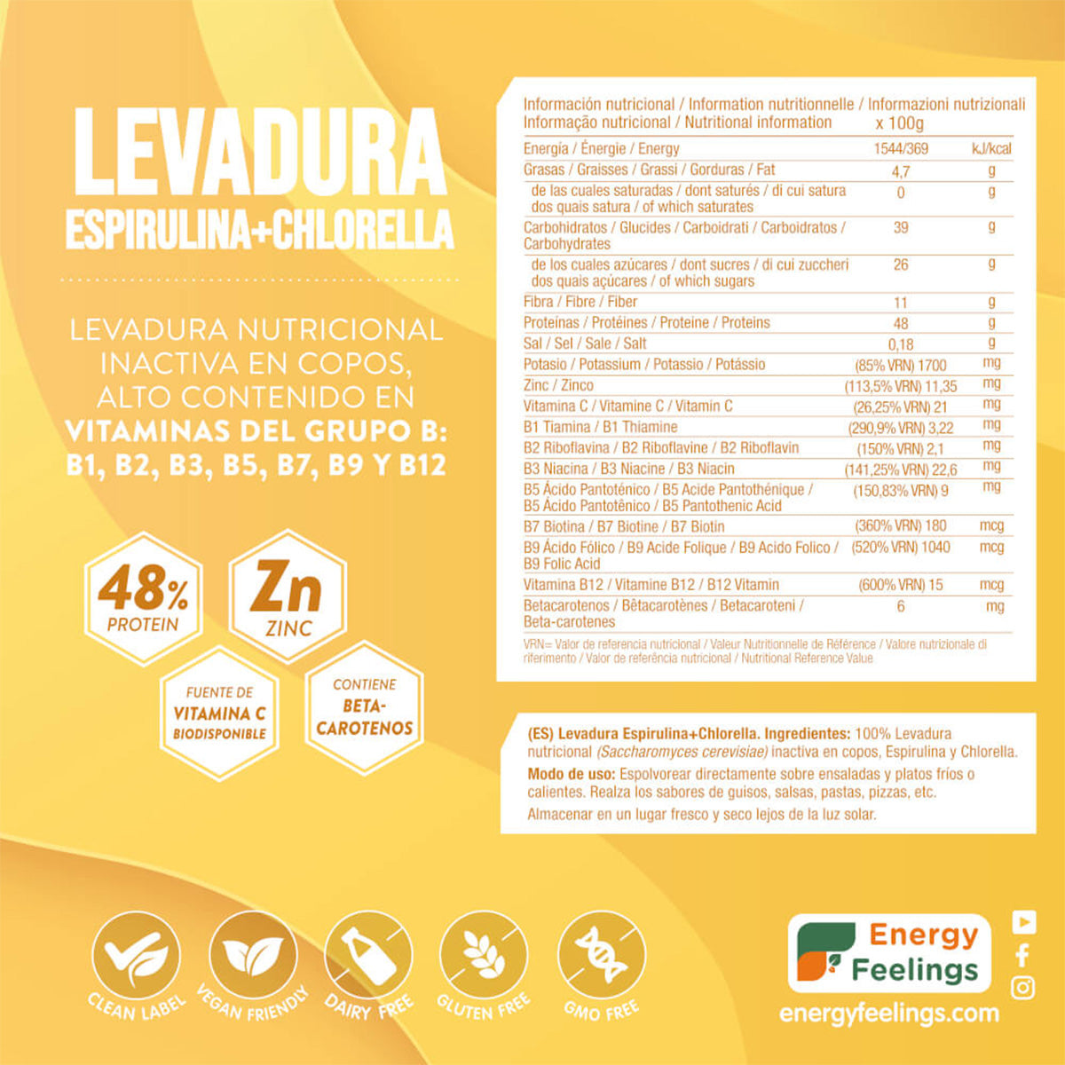 Levure nutritionnelle avec chlorella et spiruline XL Energy Feelings 250 g
