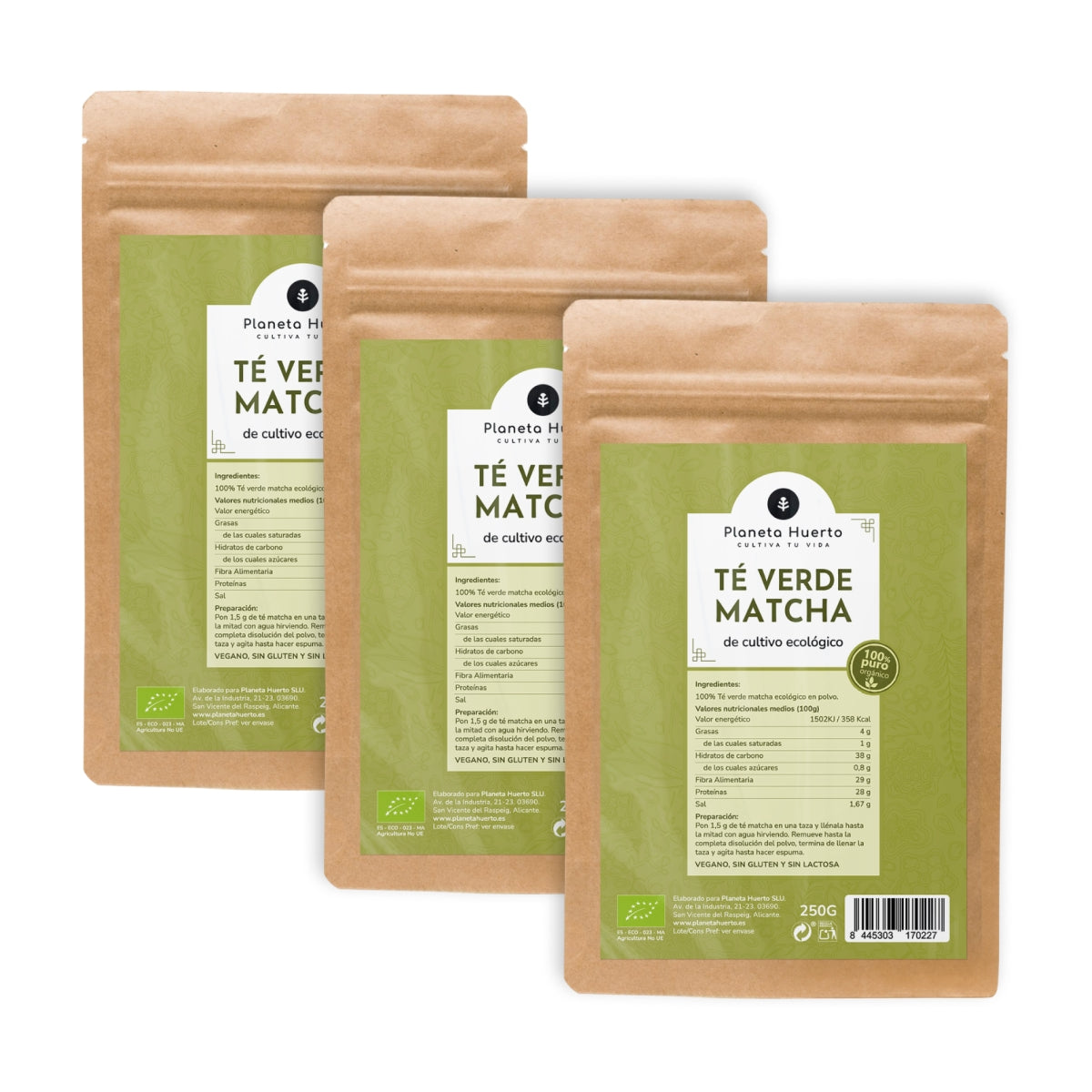 3xConfezione di tè Matcha in polvere ECO Planeta Huerto 70 g