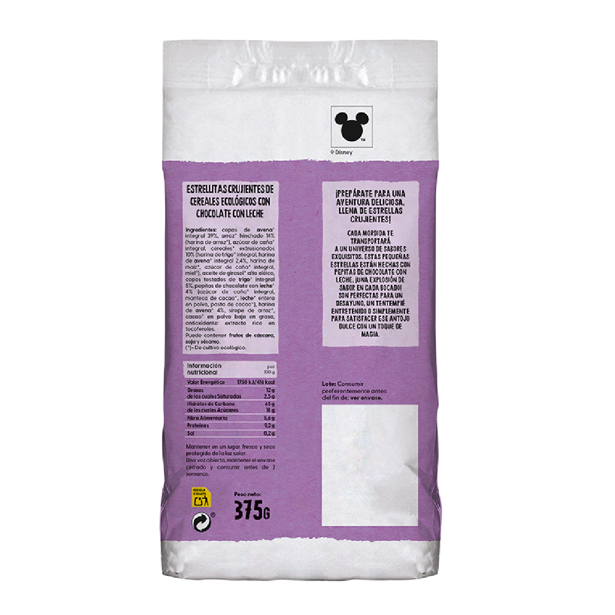 Krispiga chokladflingor med ekologiskt spannmål KIDS Disney-utgåva Ecocesta 375 g