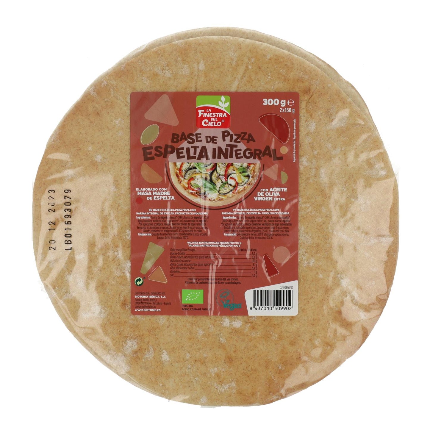 Wholemeal spelt pizza base (2 bases) La Finestra Sul Cielo 300 g