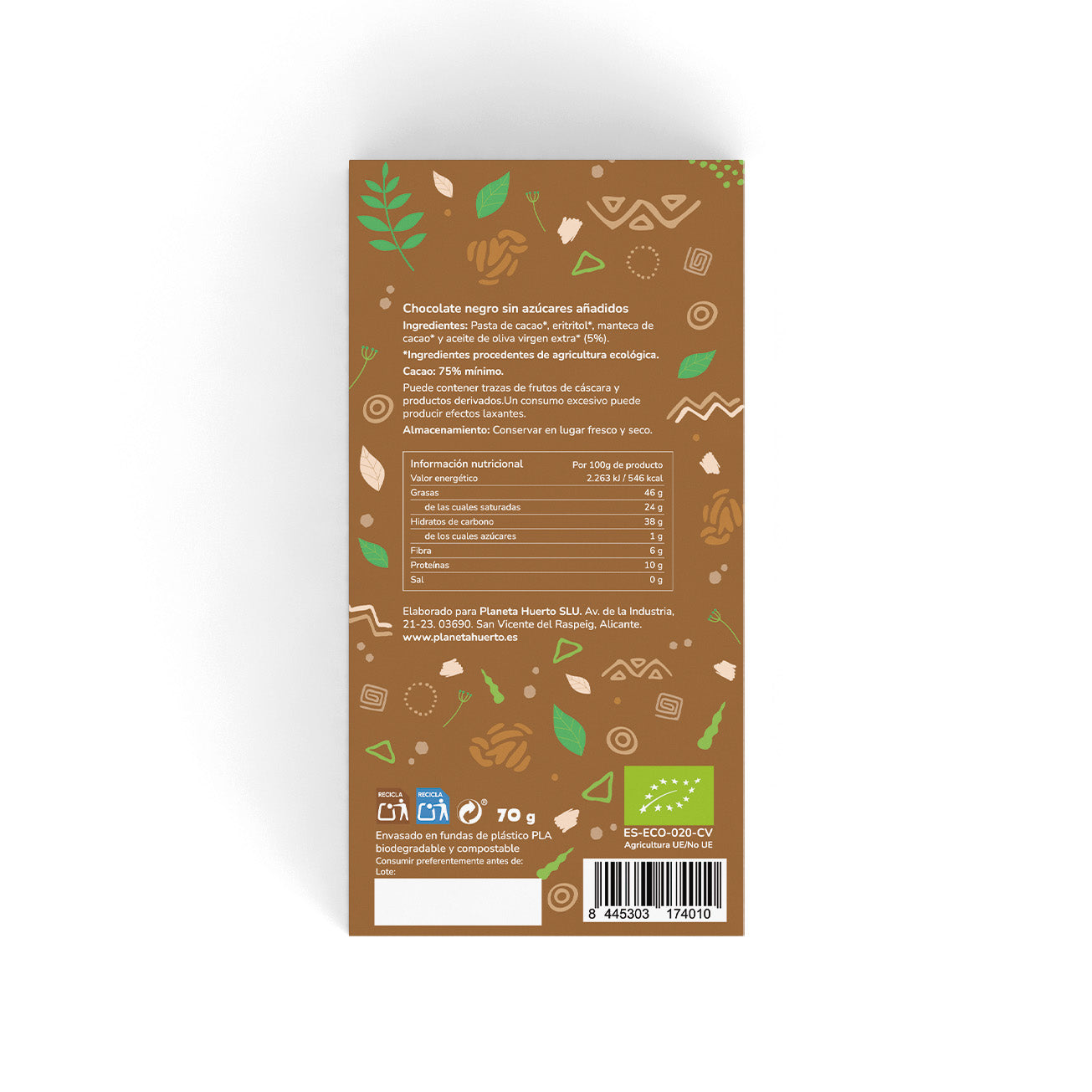 Dark chocolate bar 75% no added sugars ECO Planeta Huerto 70 g