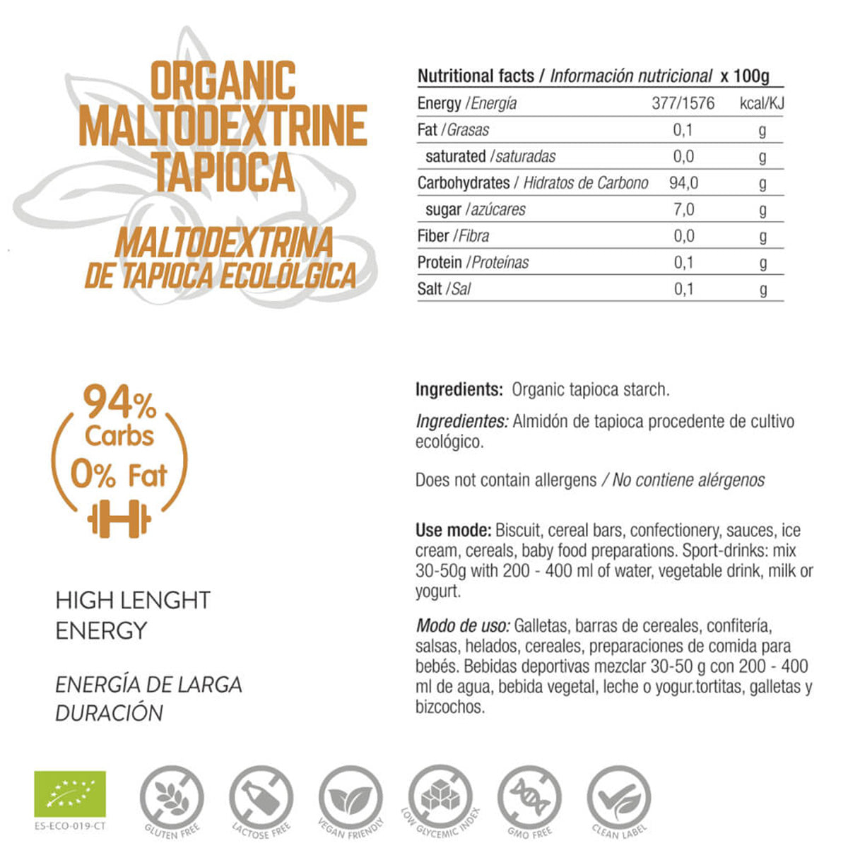 Organic Tapioca Maltodextrin: Energy Feelings 500 g