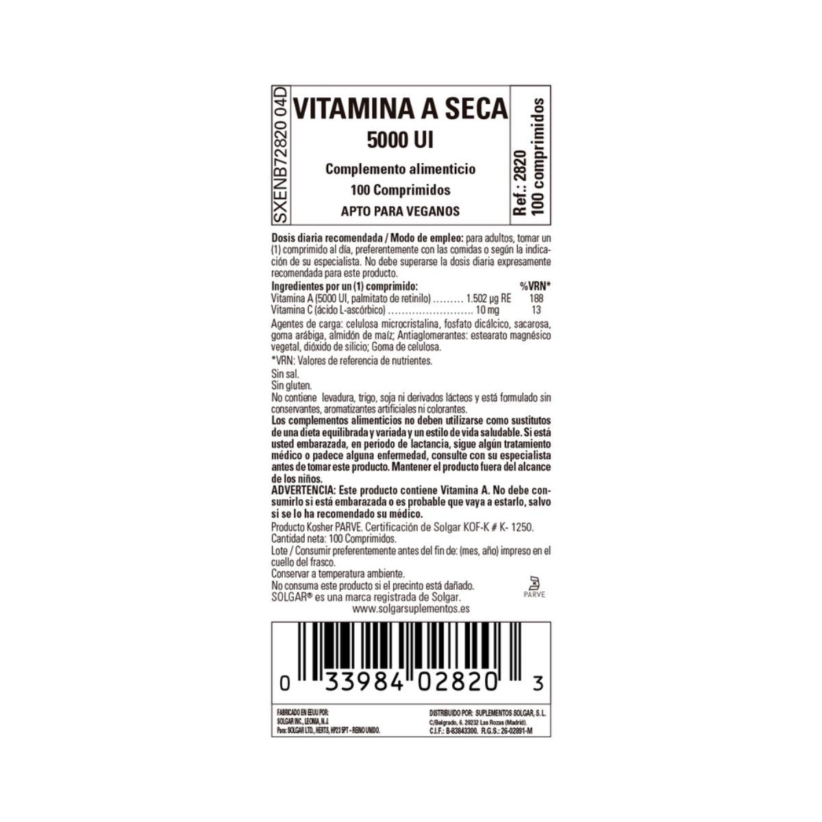 Vitamin A Dry 5000 IU palmitate, 100 tablets (5000 IU)